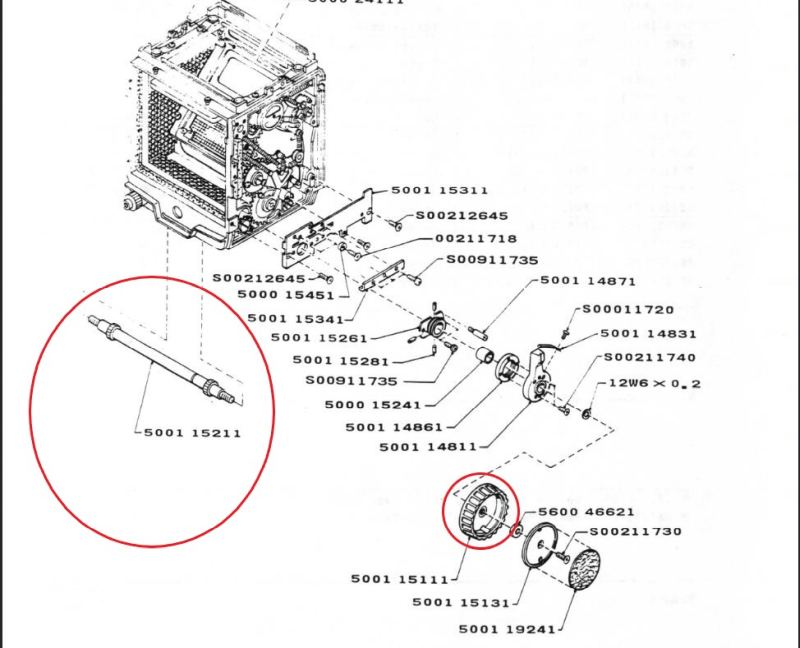Mamiya RB67 Parts Diagram blowup with part numbers and arrows point to parts.