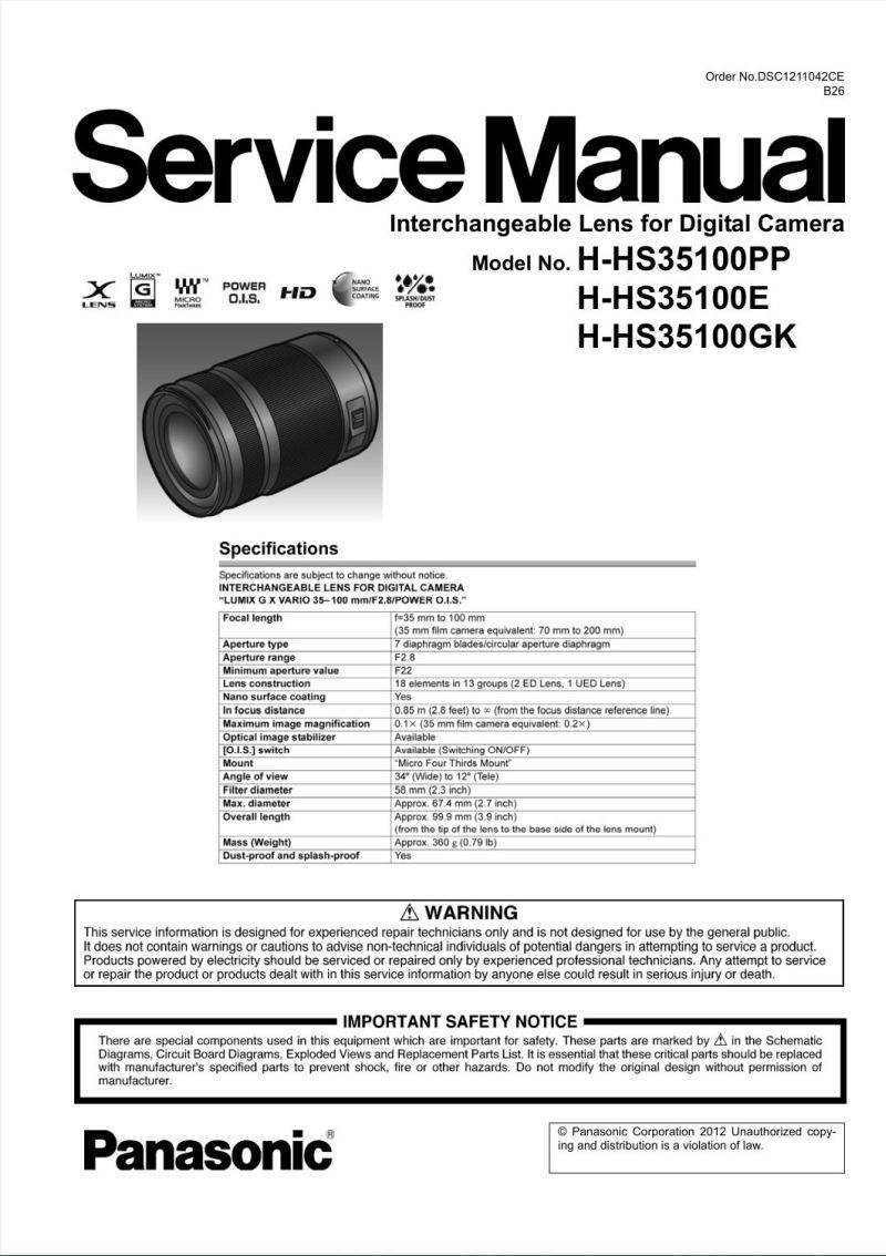 Panasonic 35-100mm Service Manual Cover showing a lens and model number on front.