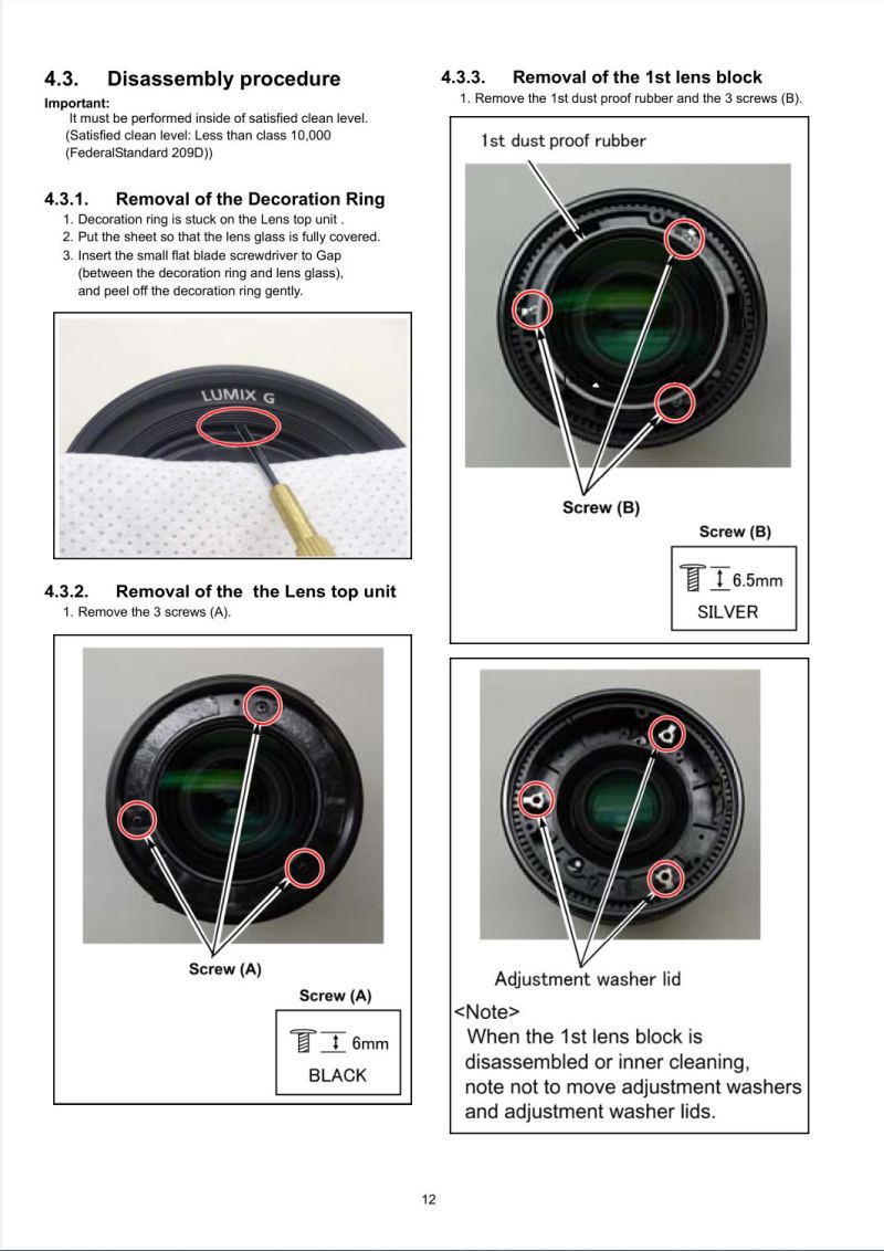 service manual Screenshot showing Lens front ring removal process with a small eyeglass screwdriver and cloth to protect the front element.