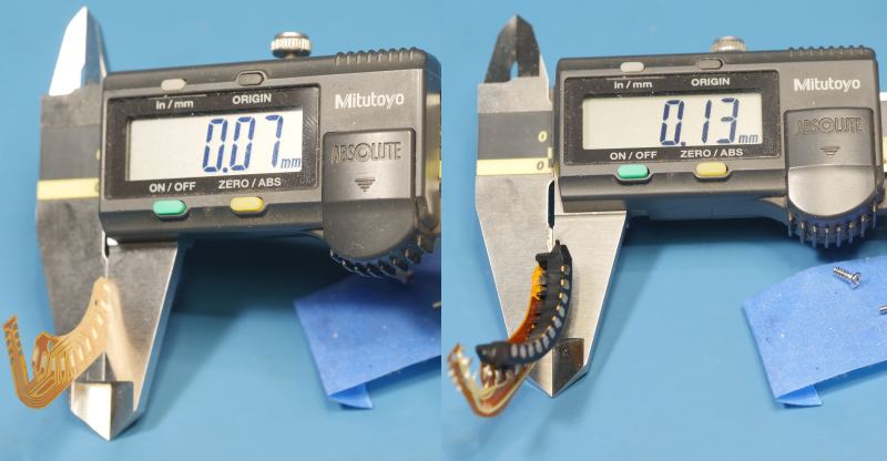 side by side image of digital calipers showing difference in flex PCB thickness.