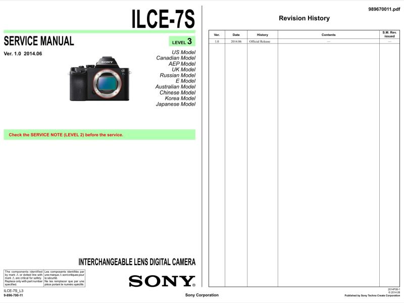 Sony A7s Service Manual Cover showing a camera body and part number on front.