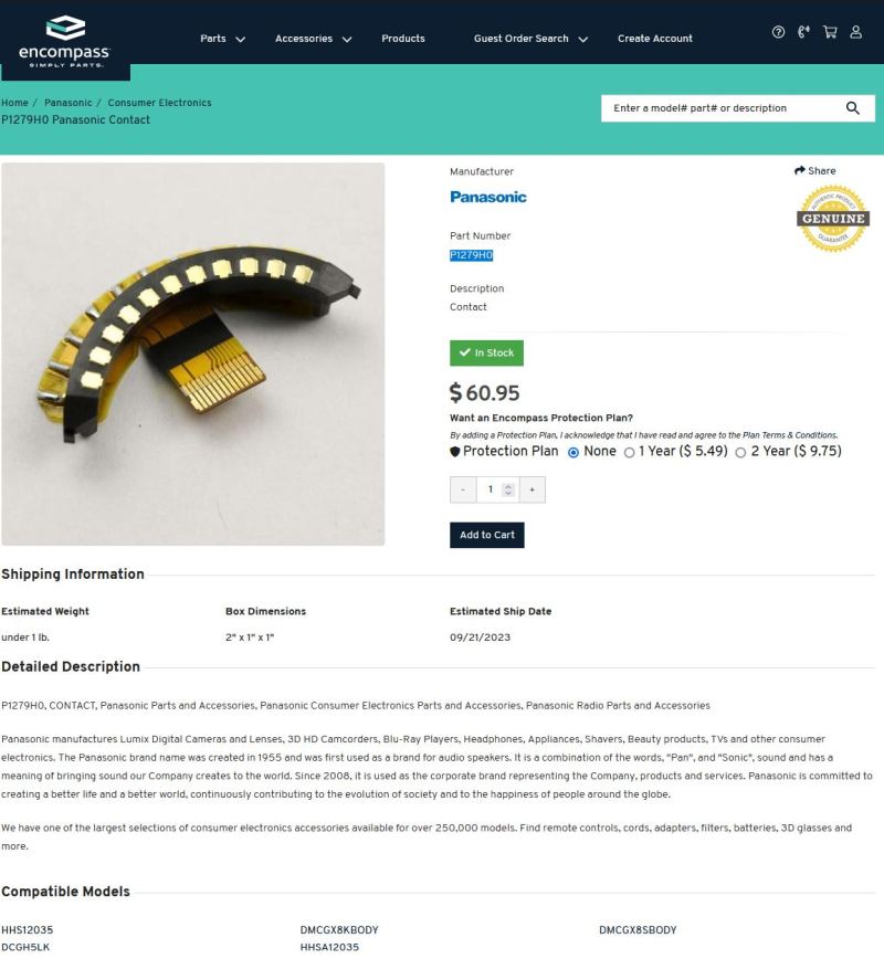 screenshot of Encompass parts website showing part price.