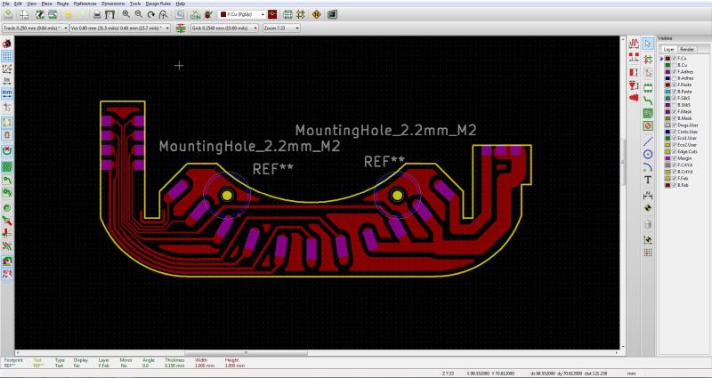 KiCad PCB program Screenshot with the PCB layout shown.