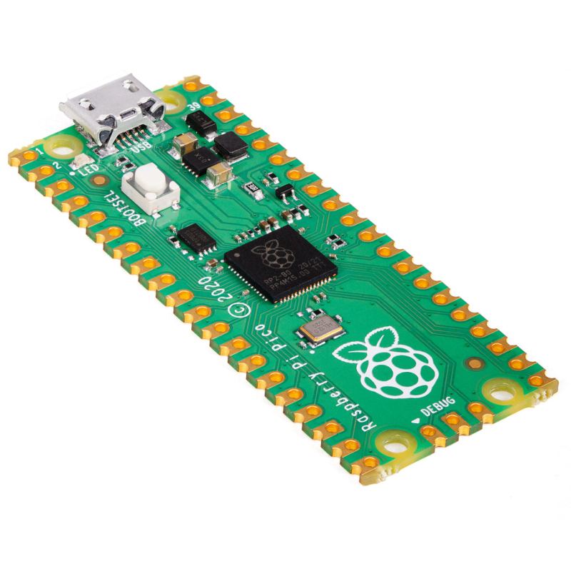 Raspberry Pi Pico is a microcontroller the size of a piece of gum with small gold plated dimples surrounding the edge like a serrated knife.