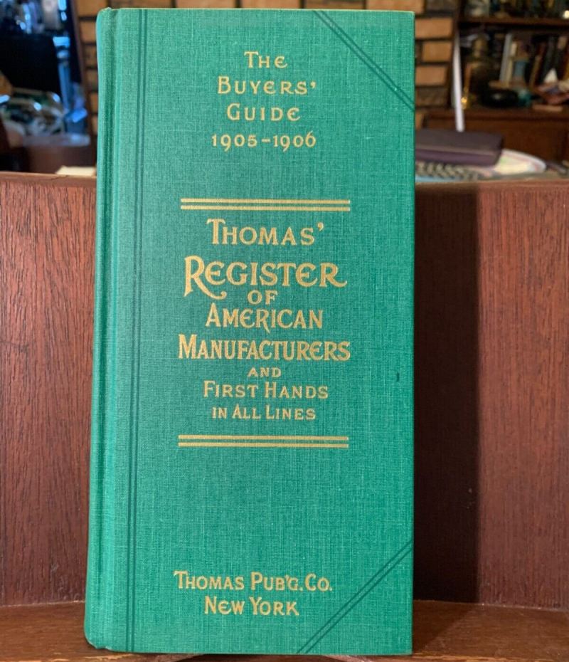 The Thomas' Register book is about 2 inches thick by 4inches wide and 10inches tall and is very green. It Preceded ThomasNet.
